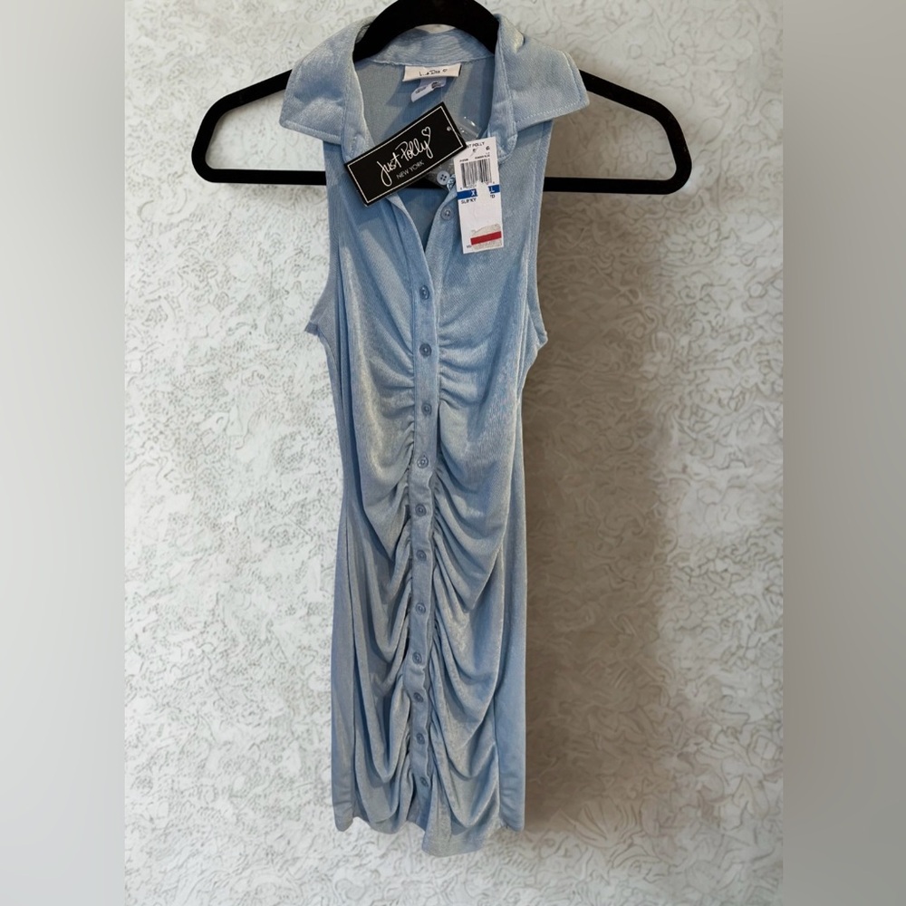 Just Polly XS Blue Ruched Button Front Sleeveless Dress NWT